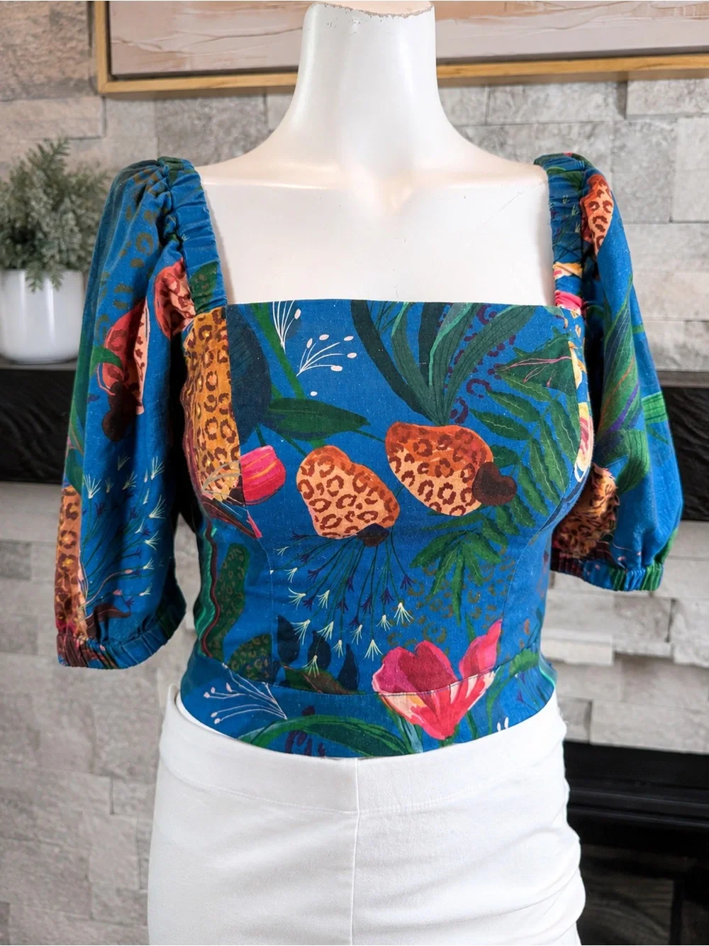 FARM Rio Blue Tropical Leopard Linen Blend Puff Sleeve Corset Top S